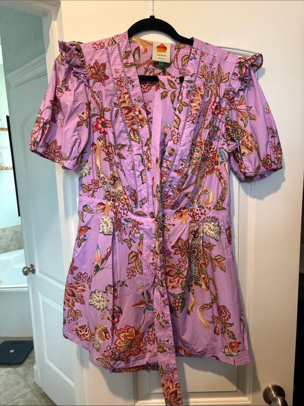 FARM Rio Lilac Floral Ruffle Tie-Waist Dress
